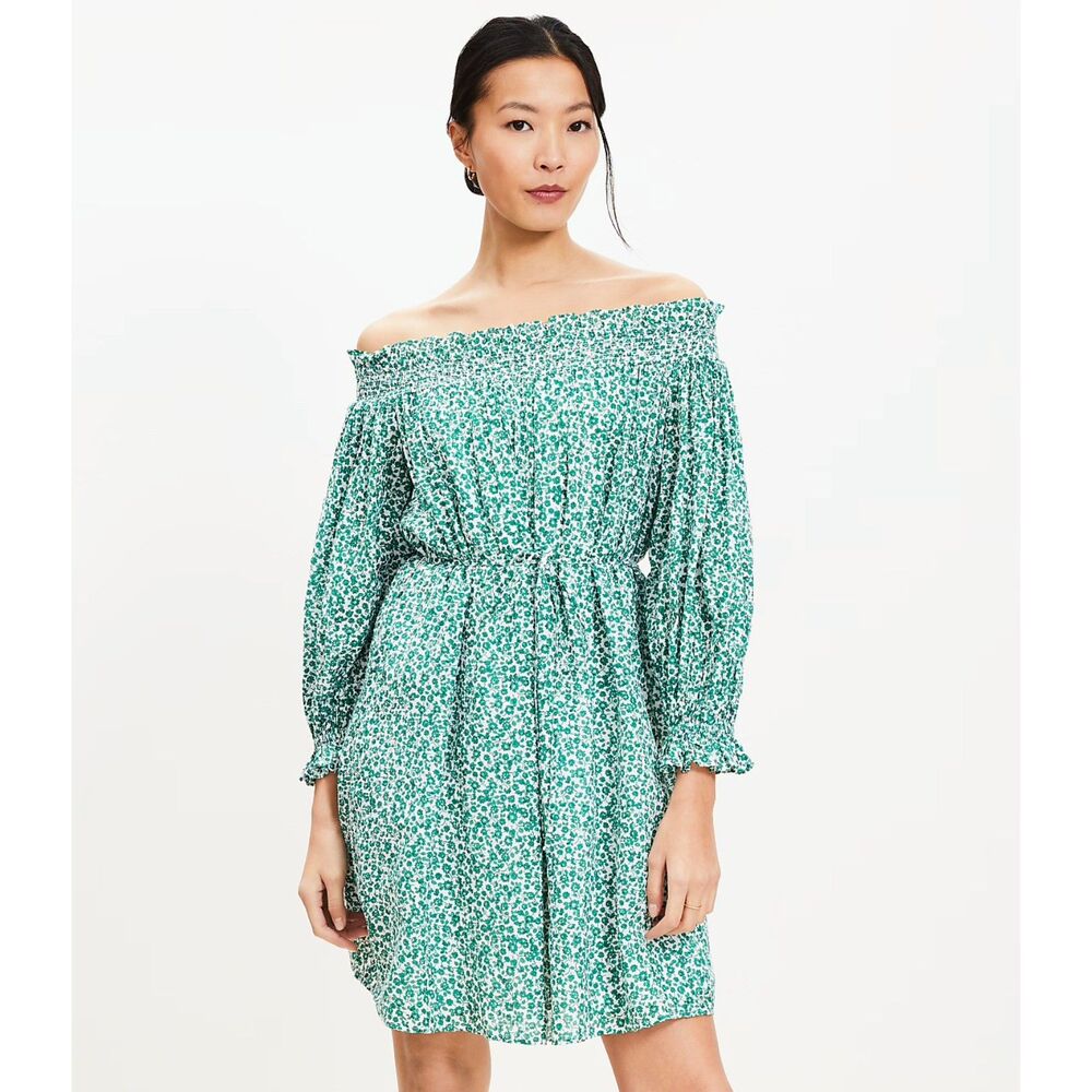 Loft Floral Smocked Green and White Off The Shoulder Mini Dress Size Large NWOT